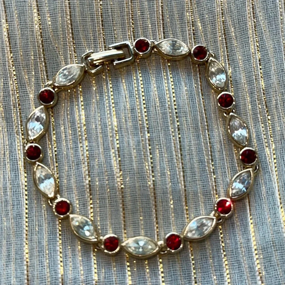 Red and White with gold bracelet filled with Rhinestones - Picture 1 of 5